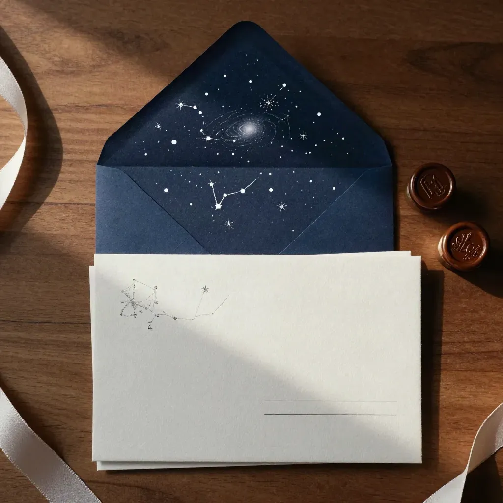 Foil constellation invitations layered beside an opened navy envelope and wax seals on warm walnut.