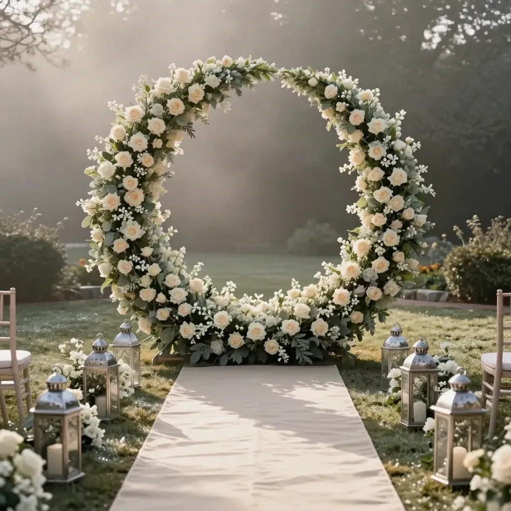 Moon-shaped floral wedding arch over a misty garden aisle with lanterns and pale runner