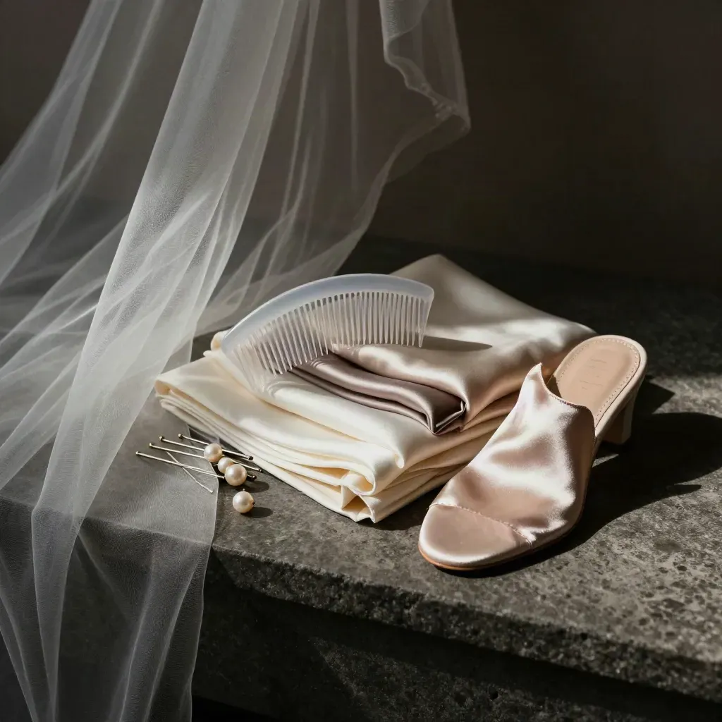 Bridal styling tools on dark stone: veil comb, pearl pins, silk swatches, satin shoe last