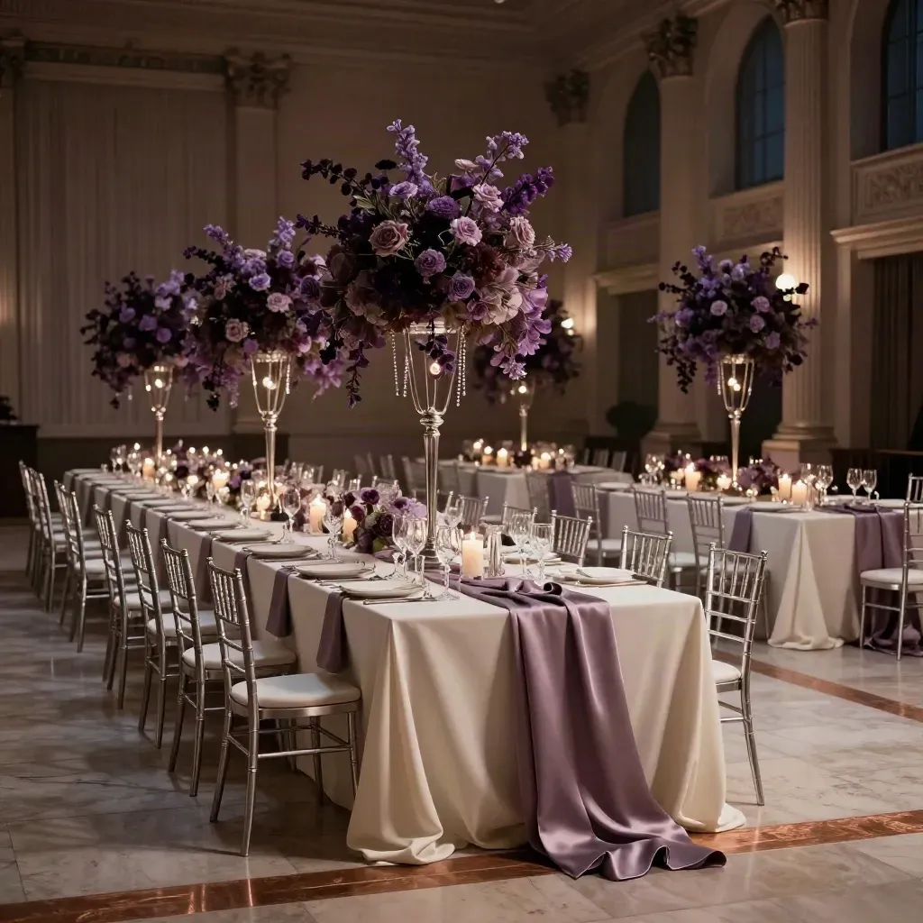 Transformed reception hall with silver floral towers, purple accents, and glowing orb pendants.