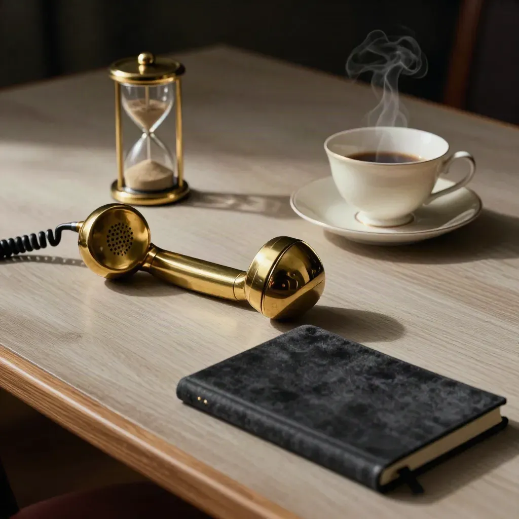 Brass handset, sand timer, teacup, and velvet notebook on pale wood