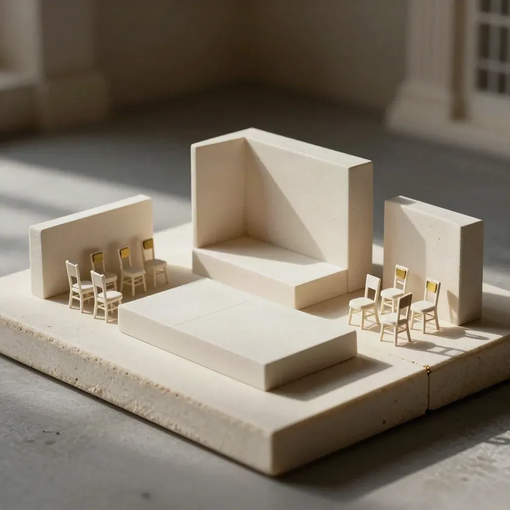 Miniature venue model with brass pins and tiny chairs on a limestone plinth.