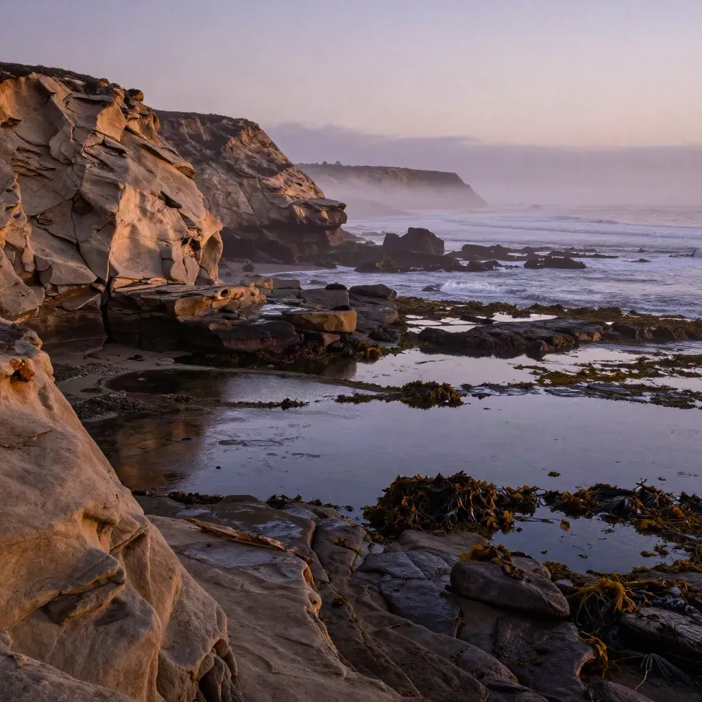 Foggy San Diego cliffs and tide pools above a calm Pacific shore at dawn
